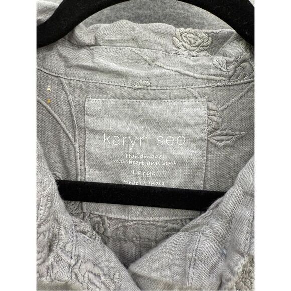 Karyn Seo Womens Gray Linen Embroidered Roll Tab Sleeve Button Up Shirt Sz Large - Picture 2 of 10